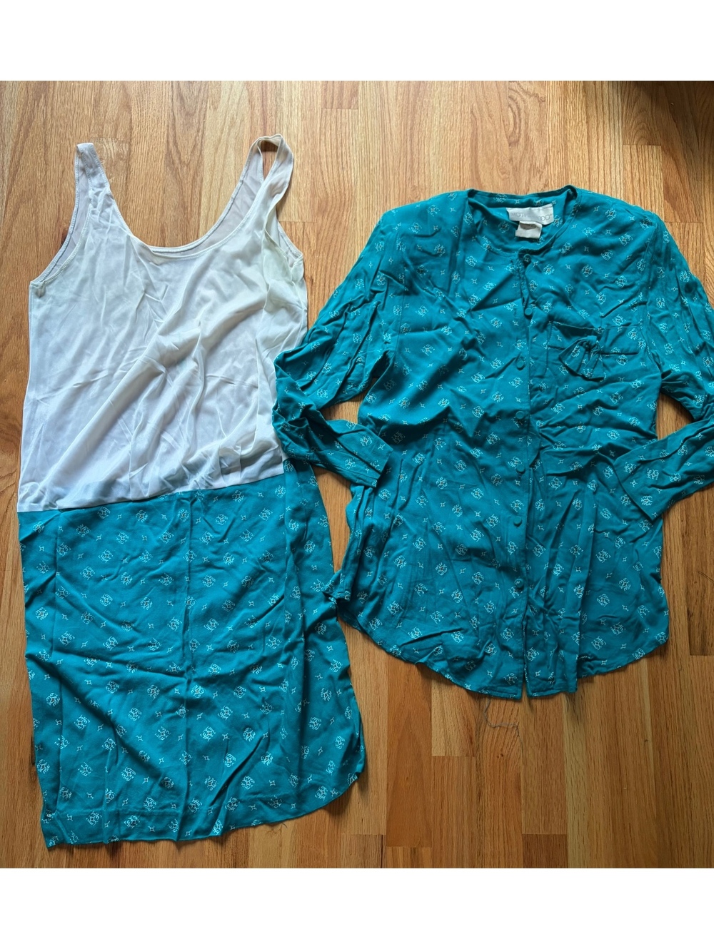 Vintage 90s Motherhood Maternity Teal 2 Piece Dress Blouse Set Petite